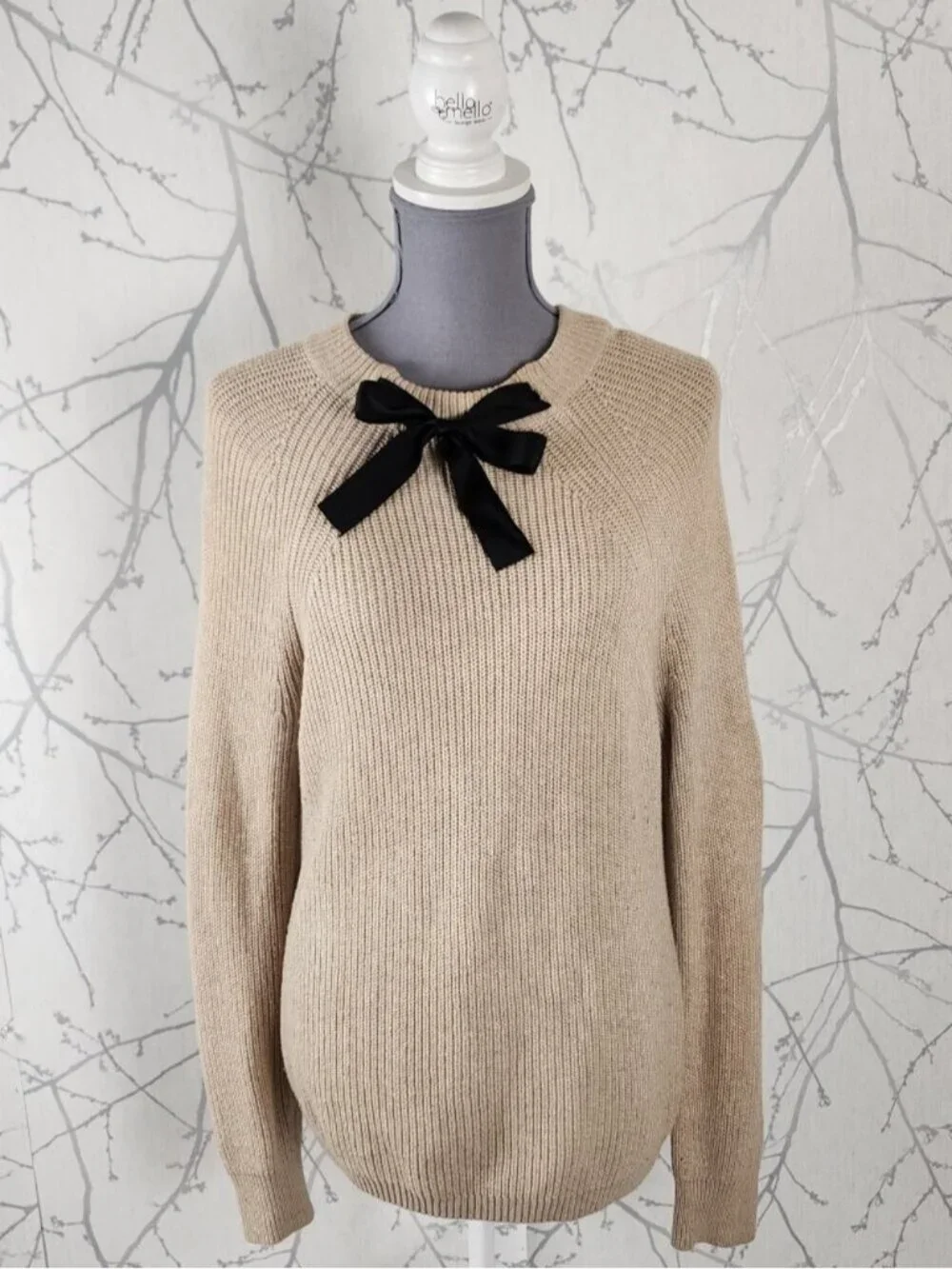 J. Crew Cotton Wool Blend Ribbed Knit Bow Crewneck Sweater